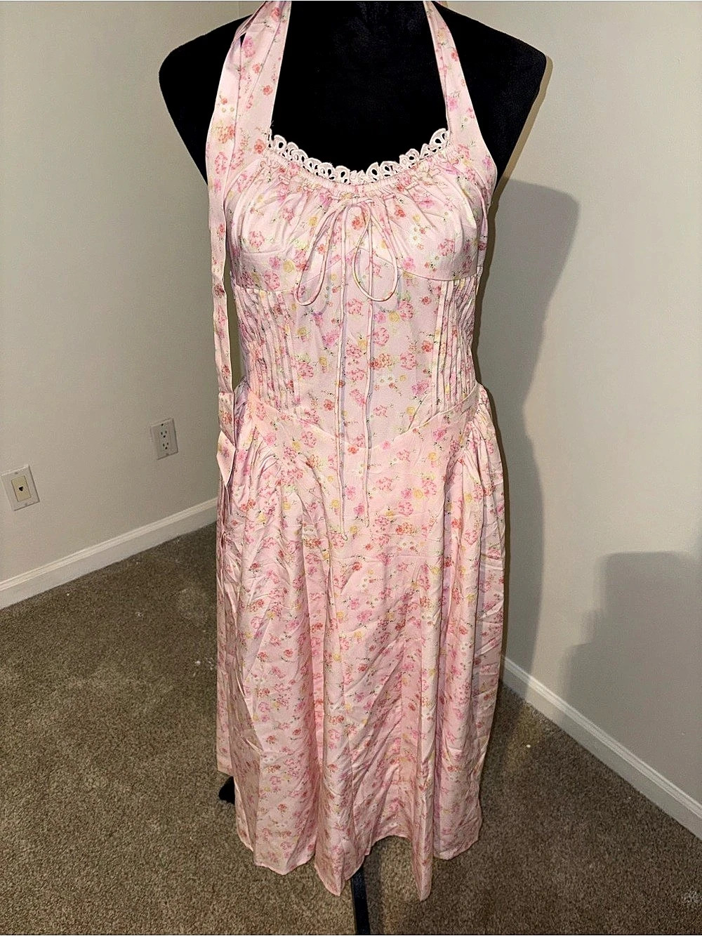 Floral Halter Midi Dress in Pink & White Like New